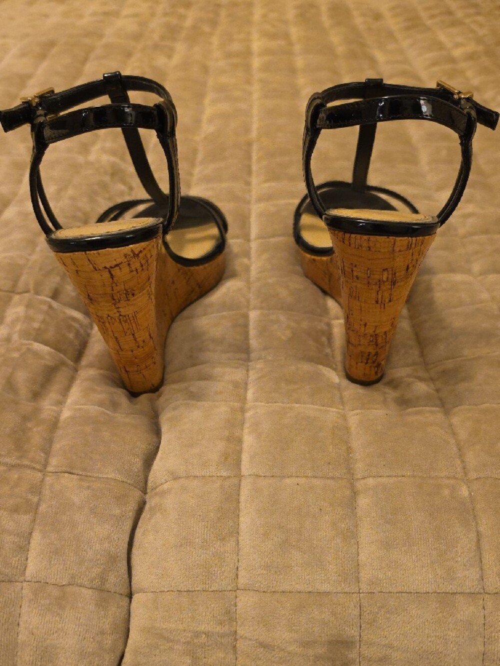 Jessica Simpson Black Patent Cork Wedge Sandals with Gold Buckles - Picture 3 of 3